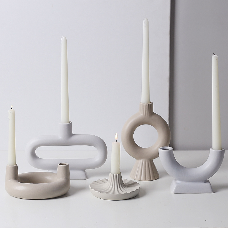 Hipster New Unique Round Candlestick Ornament Display Modern Wedding Double Tube Ceramic Candle Container Donut Candle Holder