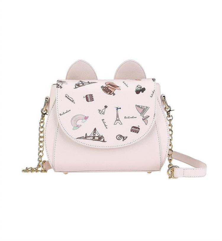 New Design Women Girls Cute Cat Ears Cartoon Patterns Small PU Leather Handbag Cross Body Shoulder Bag Sling