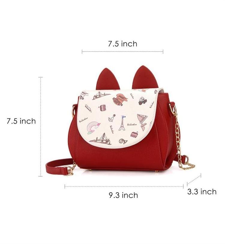 New Design Women Girls Cute Cat Ears Cartoon Patterns Small PU Leather Handbag Cross Body Shoulder Bag Sling