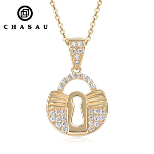 Unique Design Romantic Au585 14K Solid Gold CZ Cubic Zirconia diamond Padlock necklace with 925 Silver Link Chain