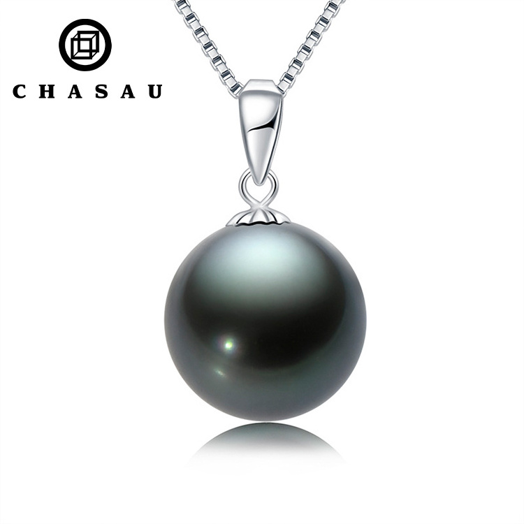 New arrival 925 Sterling Silver 4A Black Pearl Necklace 9-10mm Genuine Tahitian Cultured Round Pearls Pendant necklace