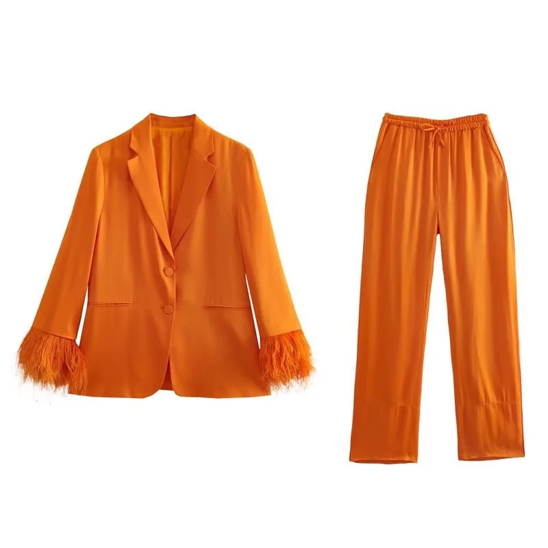 Ladies Blazers Women Korean Style Orange Feather Long-sleeved Satin Fancy Blazers Women's Jacket Suit 2023 Casual Blazers