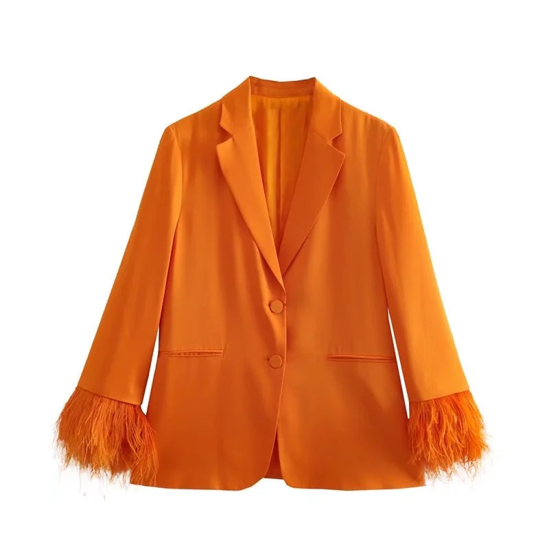 Ladies Blazers Women Korean Style Orange Feather Long-sleeved Satin Fancy Blazers Women's Jacket Suit 2023 Casual Blazers