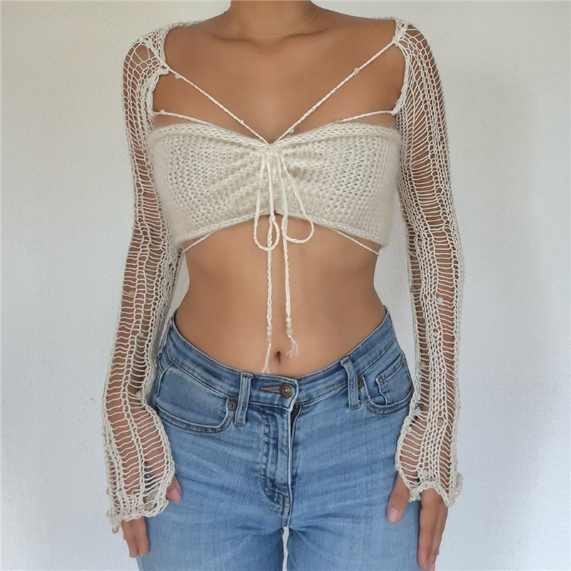 Women's Casual Fashion New Top Long Sleeve Bandage Lace Up Square Collar Sexy Cleavage Tops