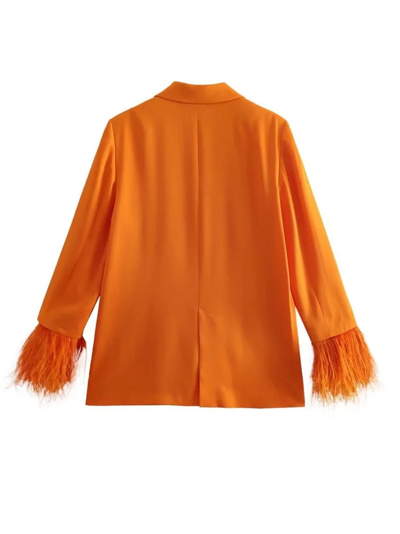 Ladies Blazers Women Korean Style Orange Feather Long-sleeved Satin Fancy Blazers Women's Jacket Suit 2023 Casual Blazers