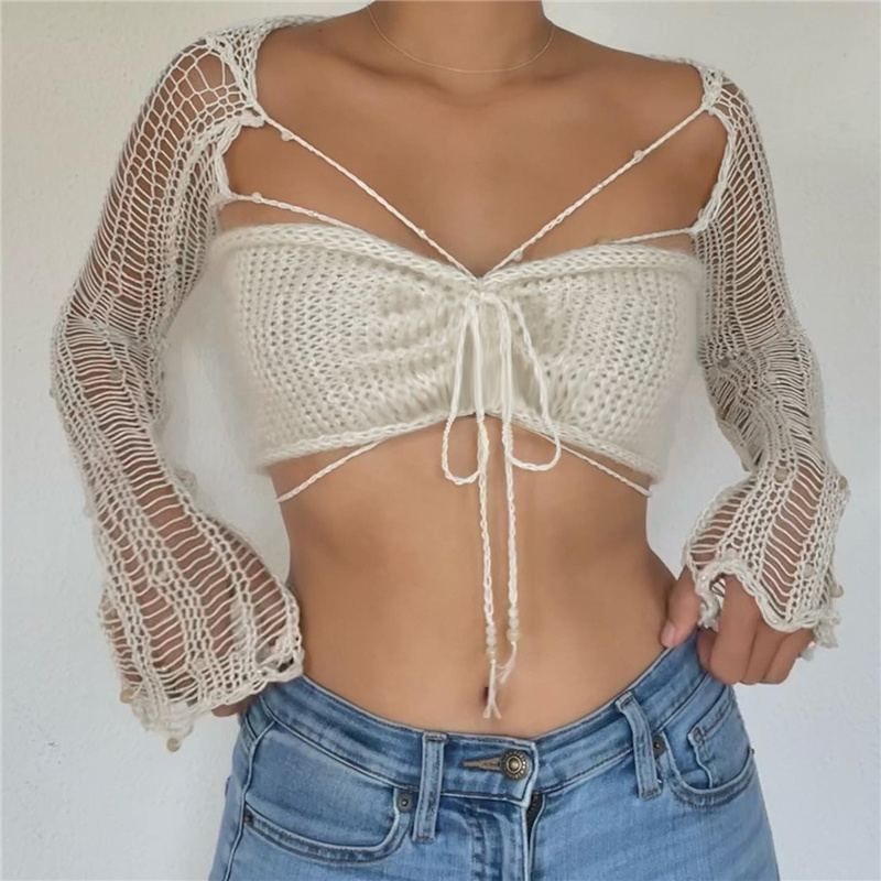 Women's Casual Fashion New Top Long Sleeve Bandage Lace Up Square Collar Sexy Cleavage Tops