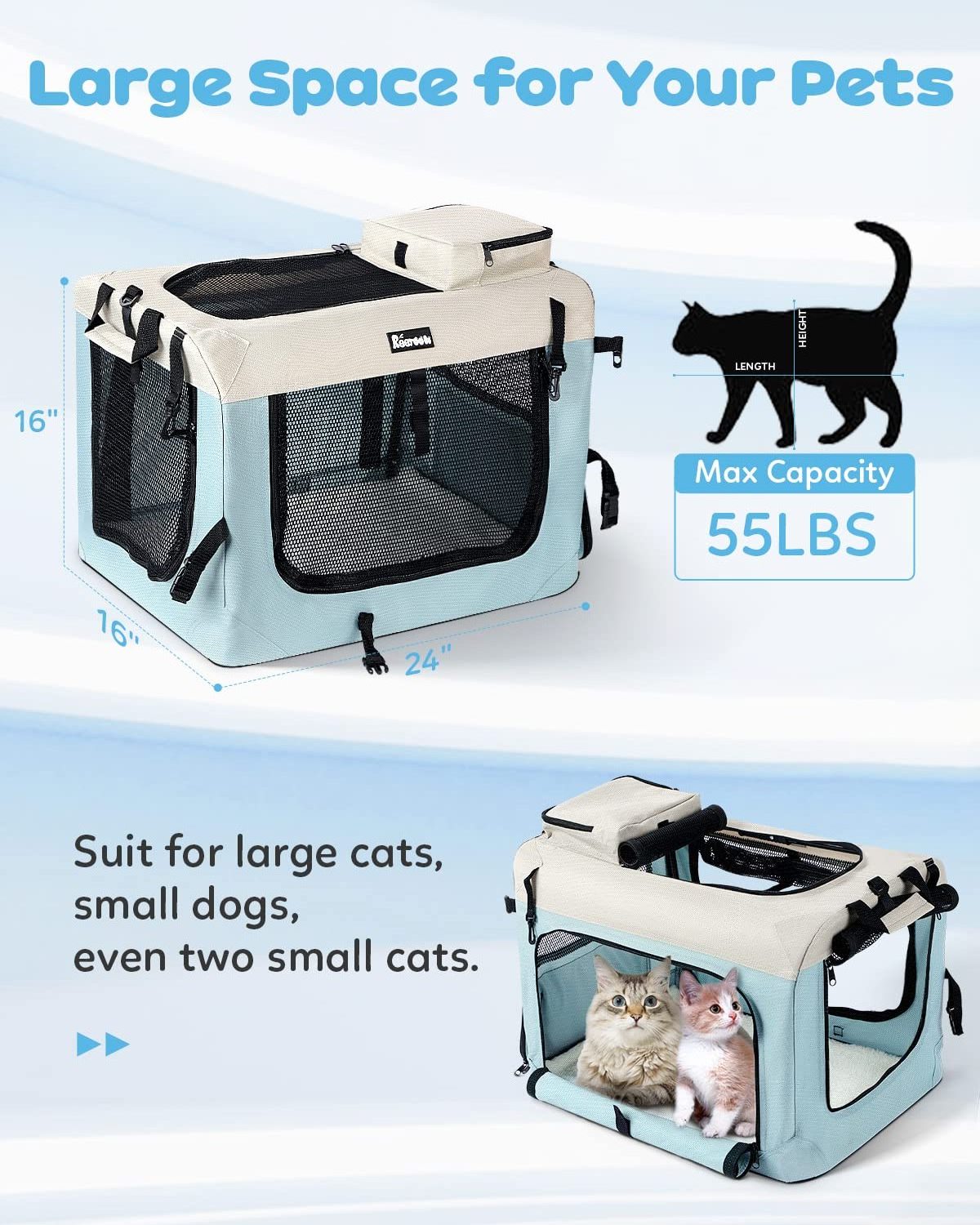 Collapsible Travel Carrier Bag Puppies Kittens Soft Sided Cat Carrier Washable Mat Large Pet Carrier with 2 Bowls for Cats Dogs