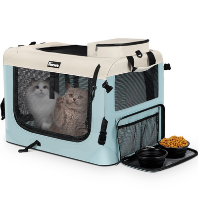 Collapsible Travel Carrier Bag Puppies Kittens Soft Sided Cat Carrier Washable Mat Large Pet Carrier with 2 Bowls for Cats Dogs