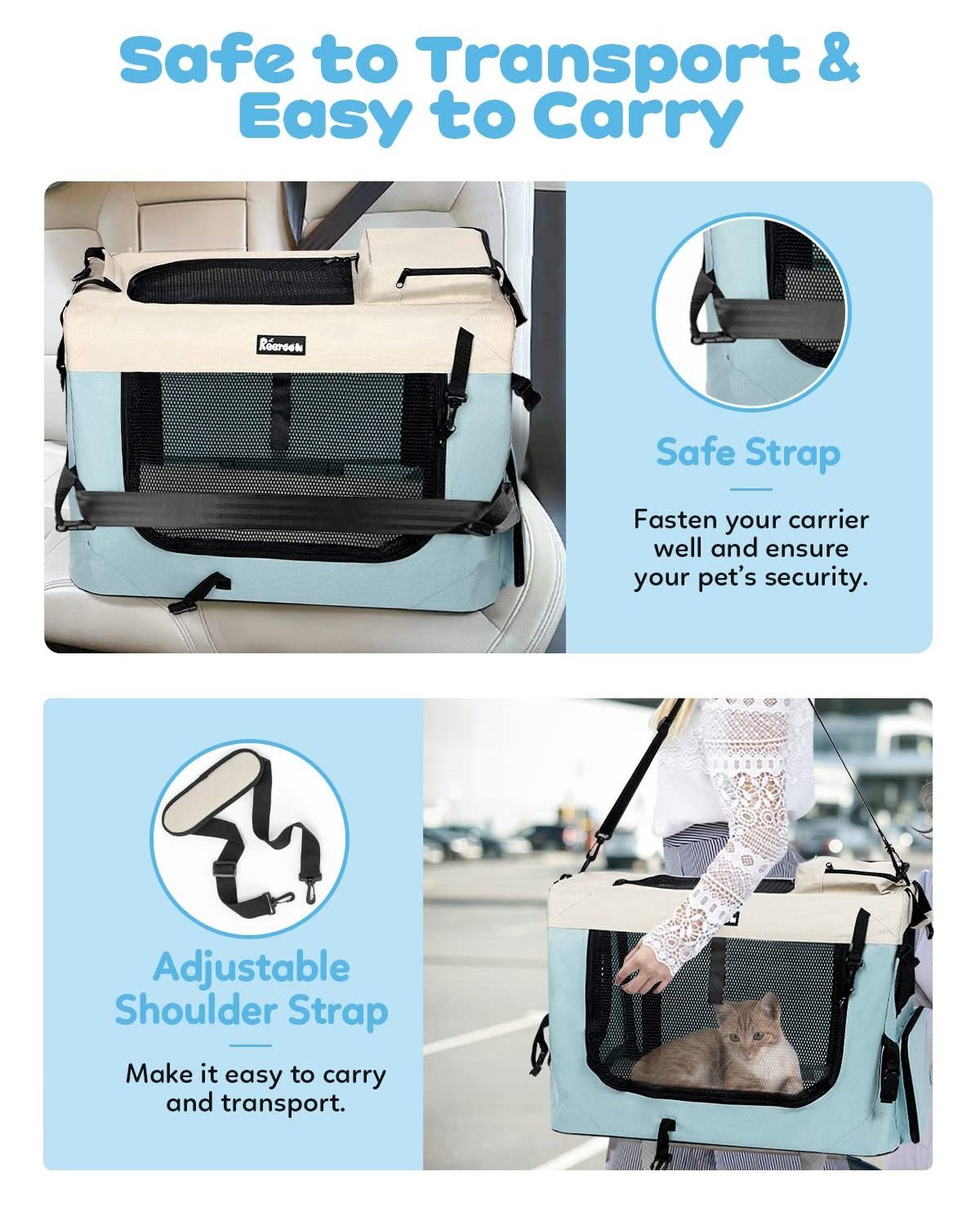 Collapsible Travel Carrier Bag Puppies Kittens Soft Sided Cat Carrier Washable Mat Large Pet Carrier with 2 Bowls for Cats Dogs