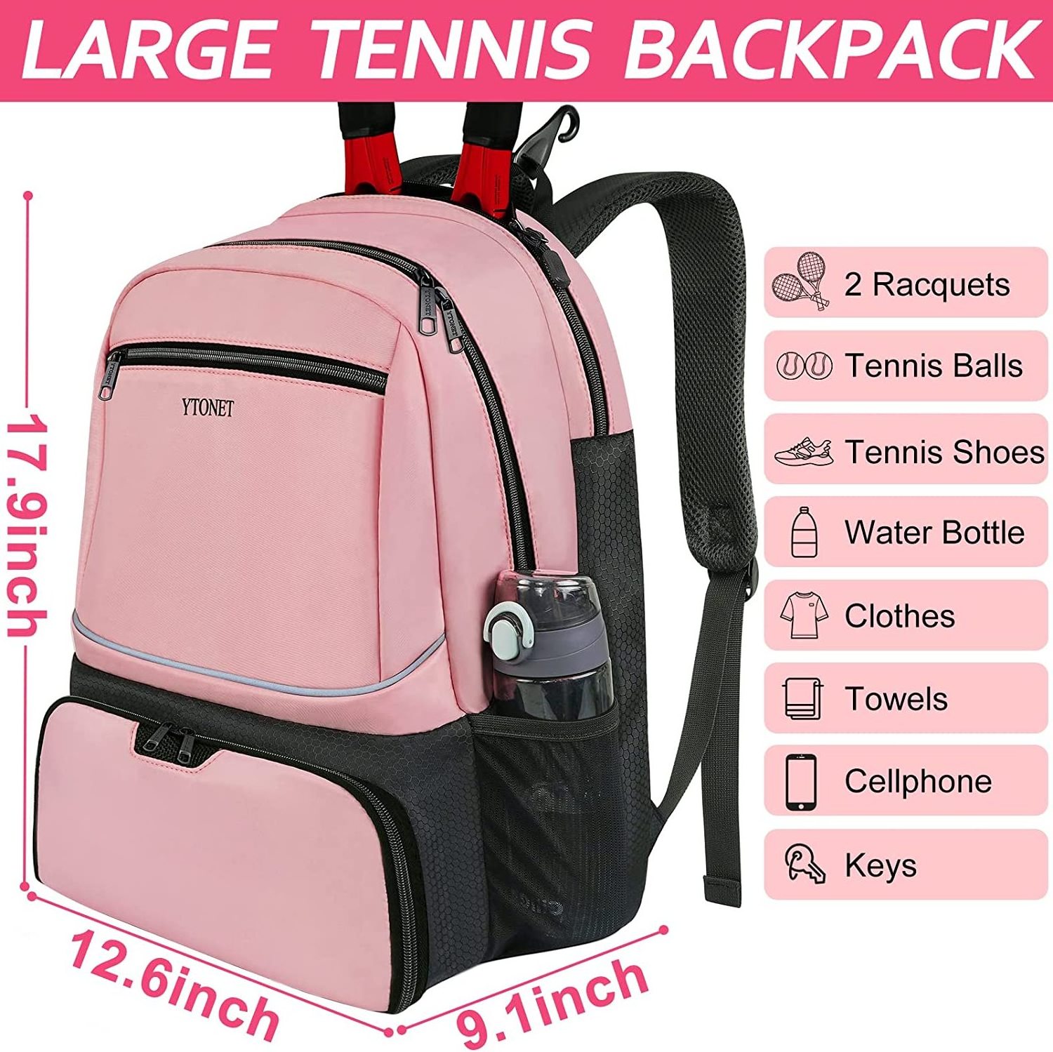 Tennis Backpack for Women, Large Tennis Bag 2 Rackets with Cooler Pocket and Ventilated Shoe Compartment to Hold Tennis ball