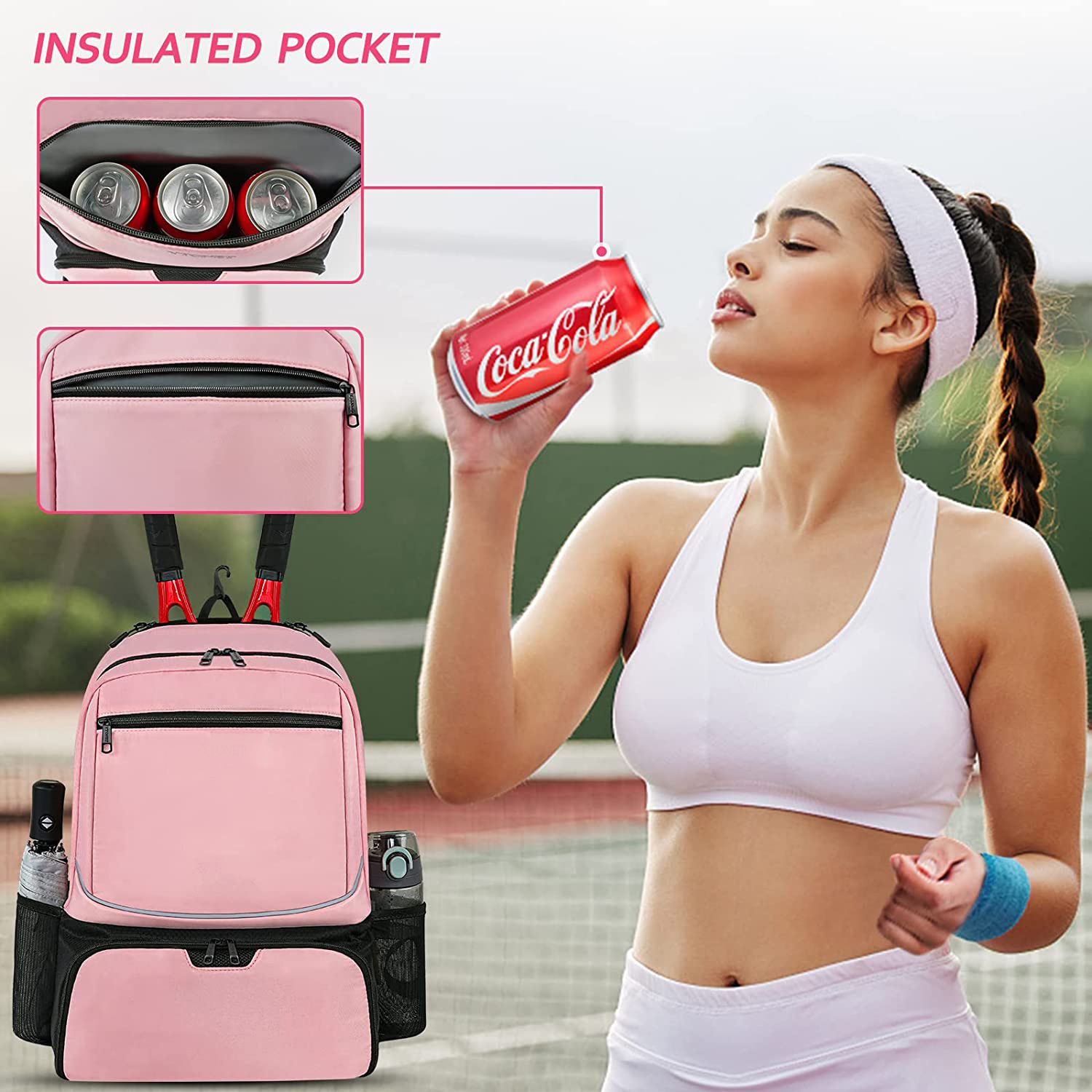 Tennis Backpack for Women, Large Tennis Bag 2 Rackets with Cooler Pocket and Ventilated Shoe Compartment to Hold Tennis ball