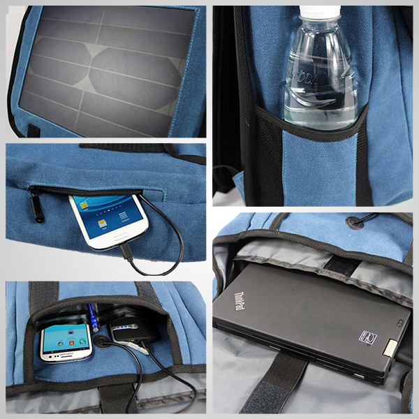 New Arrival Bag Pack with Solar Panel Charger Power Bank for Smart Phone Canvas Backpack