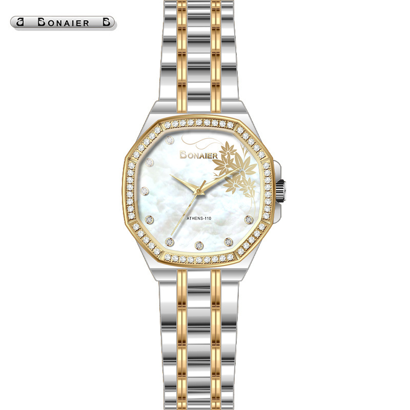 BONIER hexagonal alloy steel band women's watch with diamond inlay and fashionable temperament quartz watch