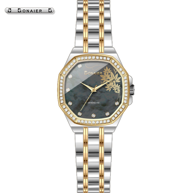 BONIER hexagonal alloy steel band women's watch with diamond inlay and fashionable temperament quartz watch