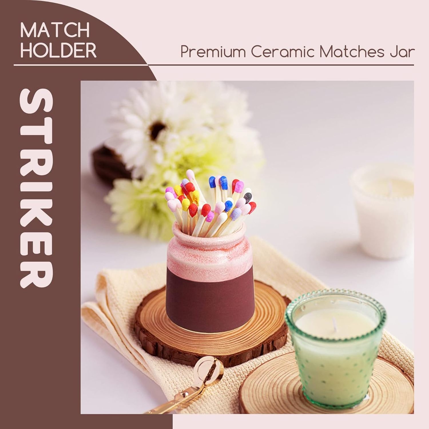 Custom Ceramic Match Stick Holder with Match Striker Cute Matchstick Jar for Candle Decorative Match