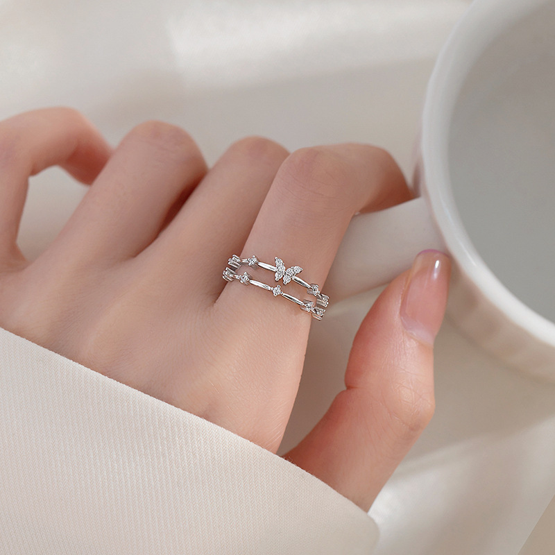 Minimalist Double Layered Butterfly Silver Jewelry Dainty Open Cuff Adjustable Promise Band Ring For Women Teen Girls