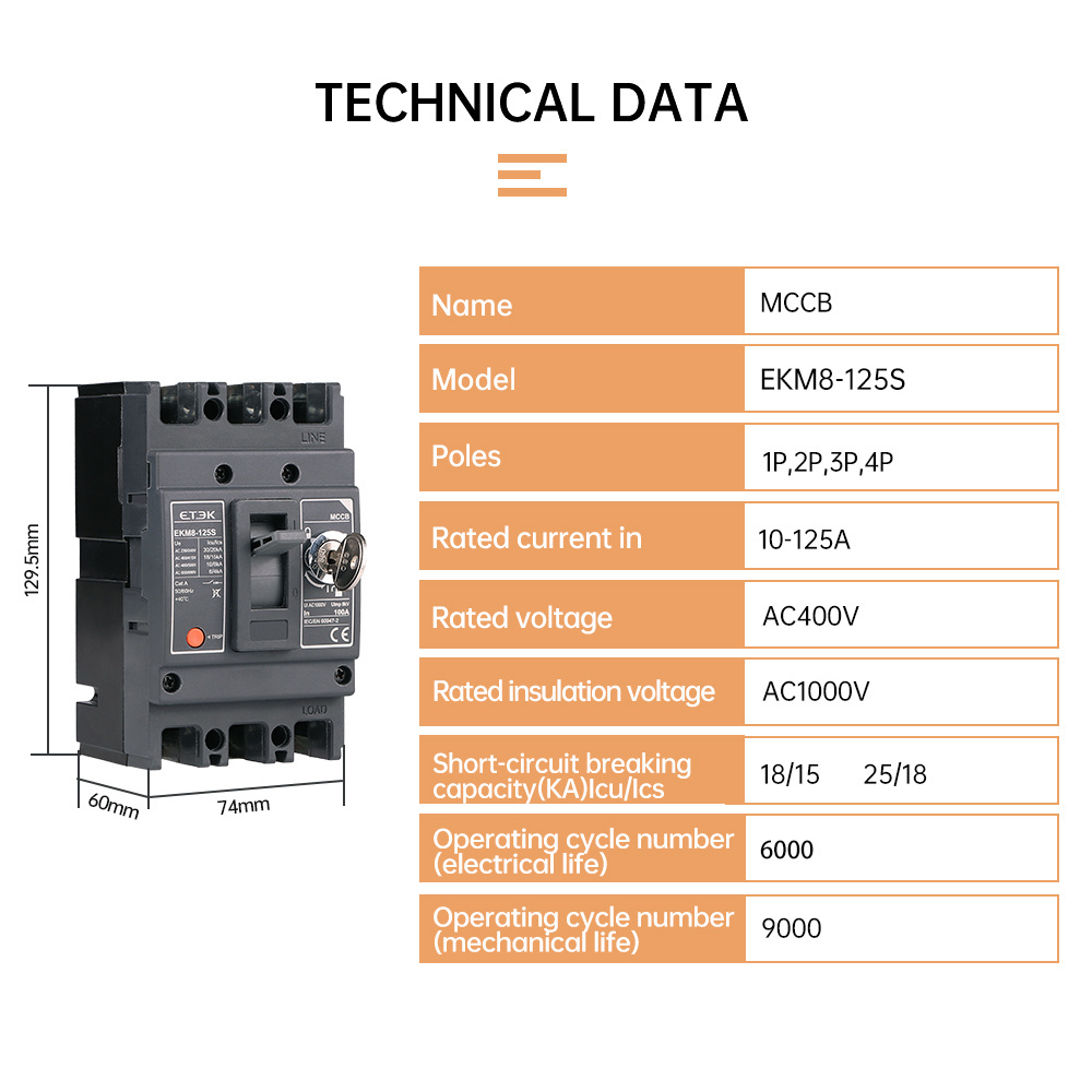 ETEK   thermal electromagnetic type  MCCB  3 pole AC type 125A 3p modular contactor circuit breaker 400V black MCCB