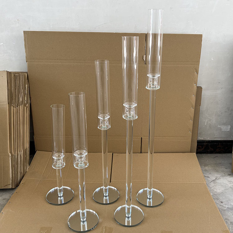 MH-TZ0587  hand blown tall glass tube Candle holder centerpiece crystal candlestick holder