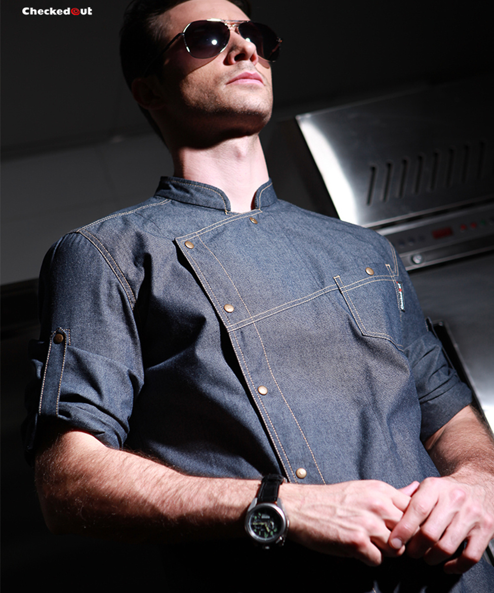 CHECKEDOUT Denim chef jacket adjustable sleeve master chef  restaurant and bar uniform and chef clothes