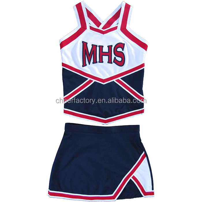 Customized wholesale black navy high quality cheerleading uniforms with customized sizes and logos