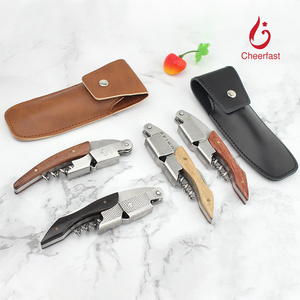 Travel Wine Corkscrew With PU Leather Pouch Double Hinged Wine Opener And Waiter Corkscrew And wood handle opener