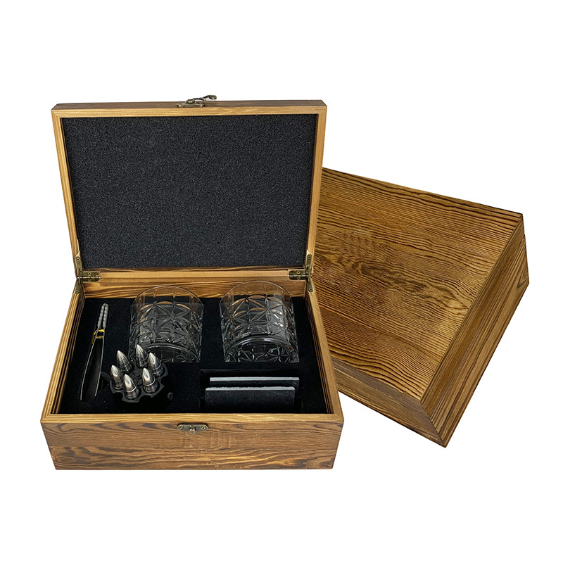 Desktop Use Stainless Steel Whiskey Metal Ice Cube Stone Reusable Whiskey Glass And Stones Set With Wooden Box Gift Set