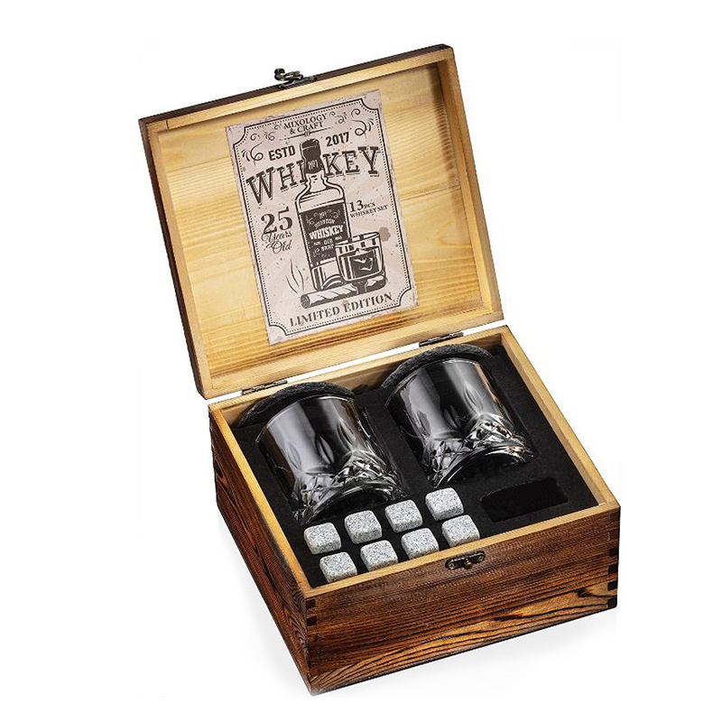 Desktop Use Stainless Steel Whiskey Metal Ice Cube Stone Reusable Whiskey Glass And Stones Set With Wooden Box Gift Set