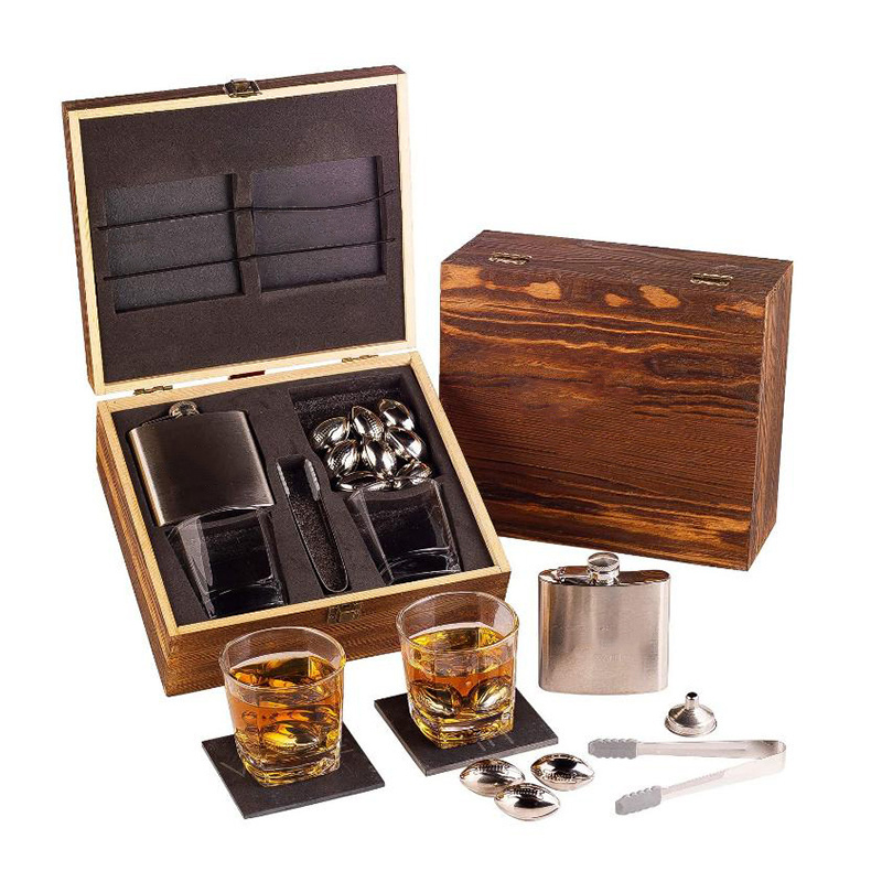 Desktop Use Stainless Steel Whiskey Metal Ice Cube Stone Reusable Whiskey Glass And Stones Set With Wooden Box Gift Set