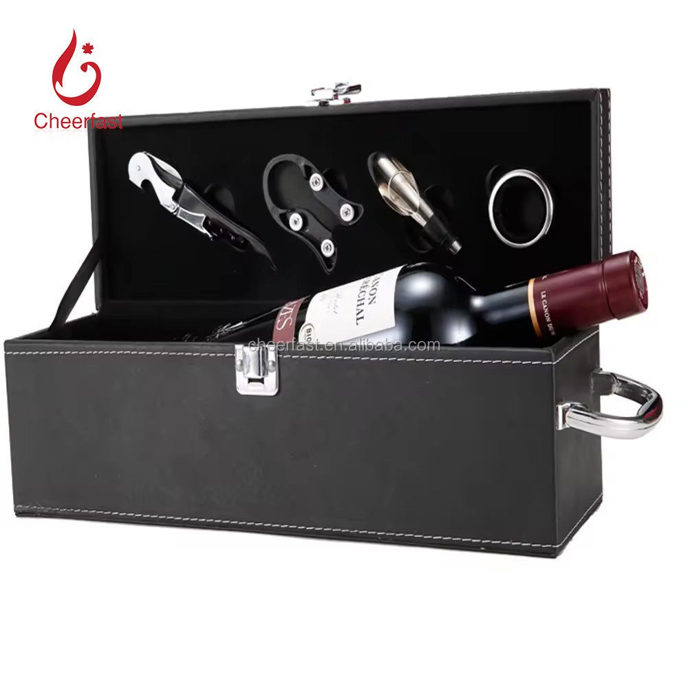 Promotional Black Single Cardboard Box And 4pcs Bar Tools Accessories Red Wine Bottle PU Leather Shippers Gift Box Packing