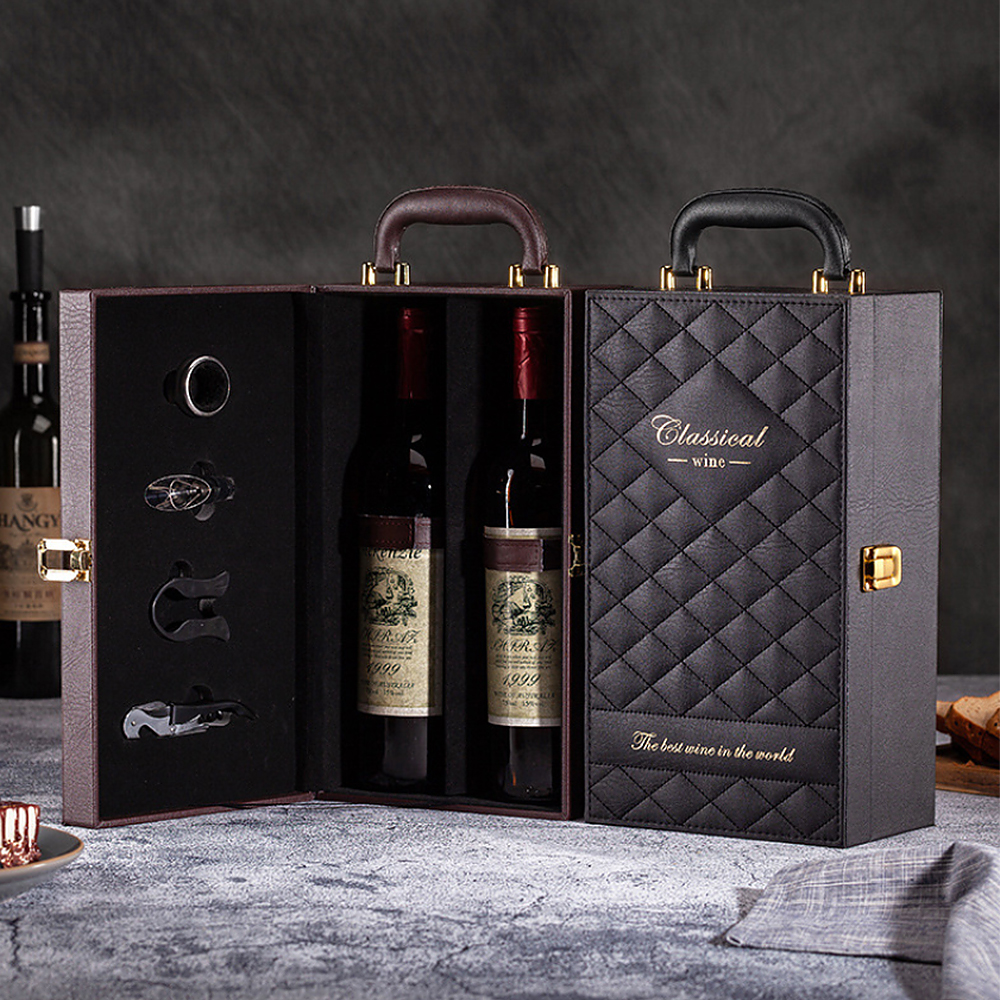 Custom Double Leatherette Wine Box 750ML  Bottle Box And PU Leather Wine Box With Vintage 4 Piece Wine Tools Kit