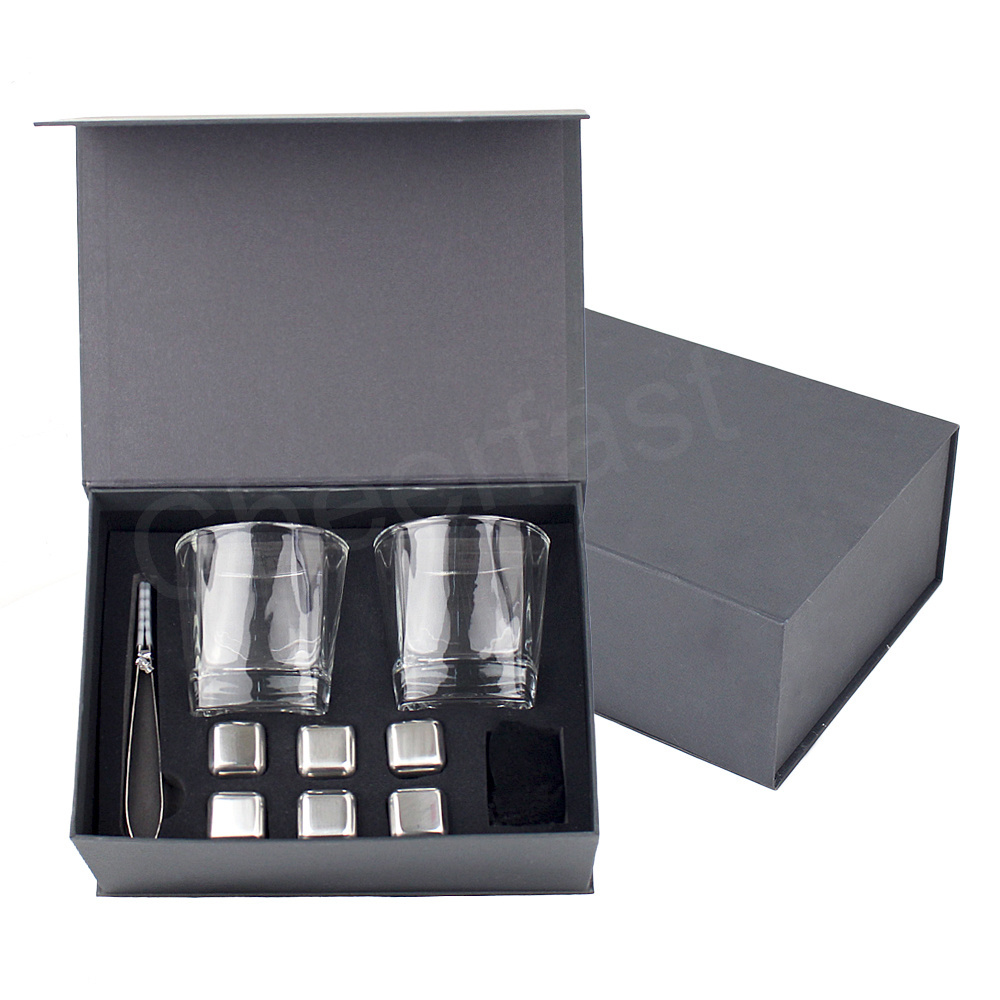 DDP Shipment Unique Metal Whiskey Cooling Stones Stainless Steel Ice Cube 6 Pack And Glasses Whiskey Chilling Cube Gift Set