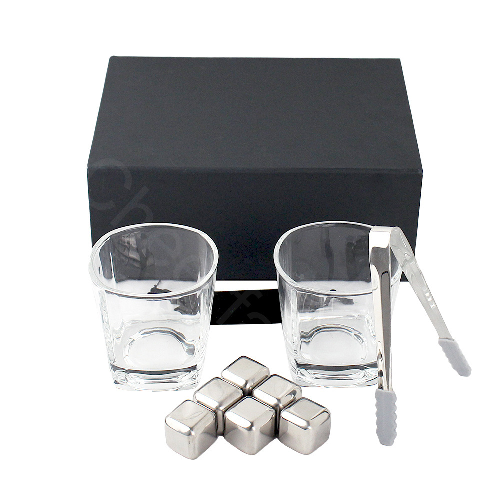 DDP Shipment Unique Metal Whiskey Cooling Stones Stainless Steel Ice Cube 6 Pack And Glasses Whiskey Chilling Cube Gift Set