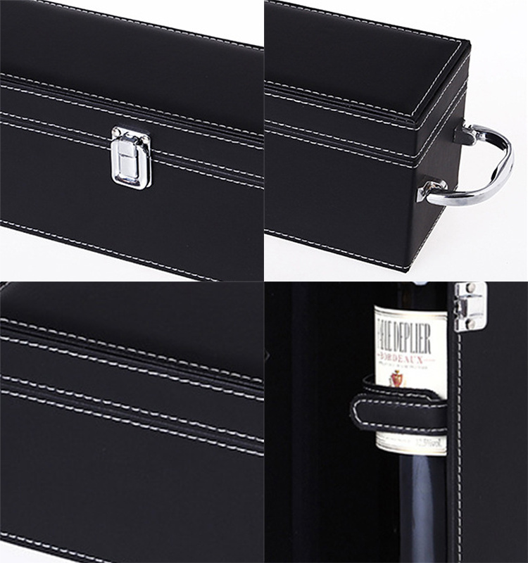 Promotional Black Single Cardboard Box And 4pcs Bar Tools Accessories Red Wine Bottle PU Leather Shippers Gift Box Packing