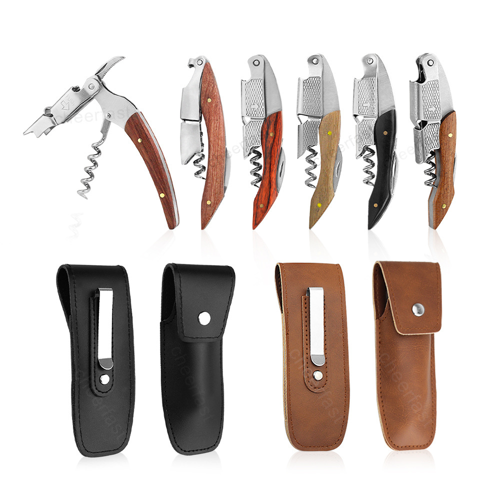 Travel Wine Corkscrew With PU Leather Pouch Double Hinged Wine Opener And Waiter Corkscrew And wood handle opener