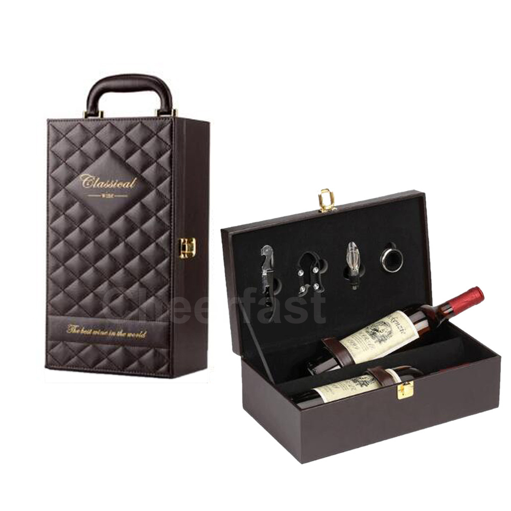 Custom Double Leatherette Wine Box 750ML  Bottle Box And PU Leather Wine Box With Vintage 4 Piece Wine Tools Kit