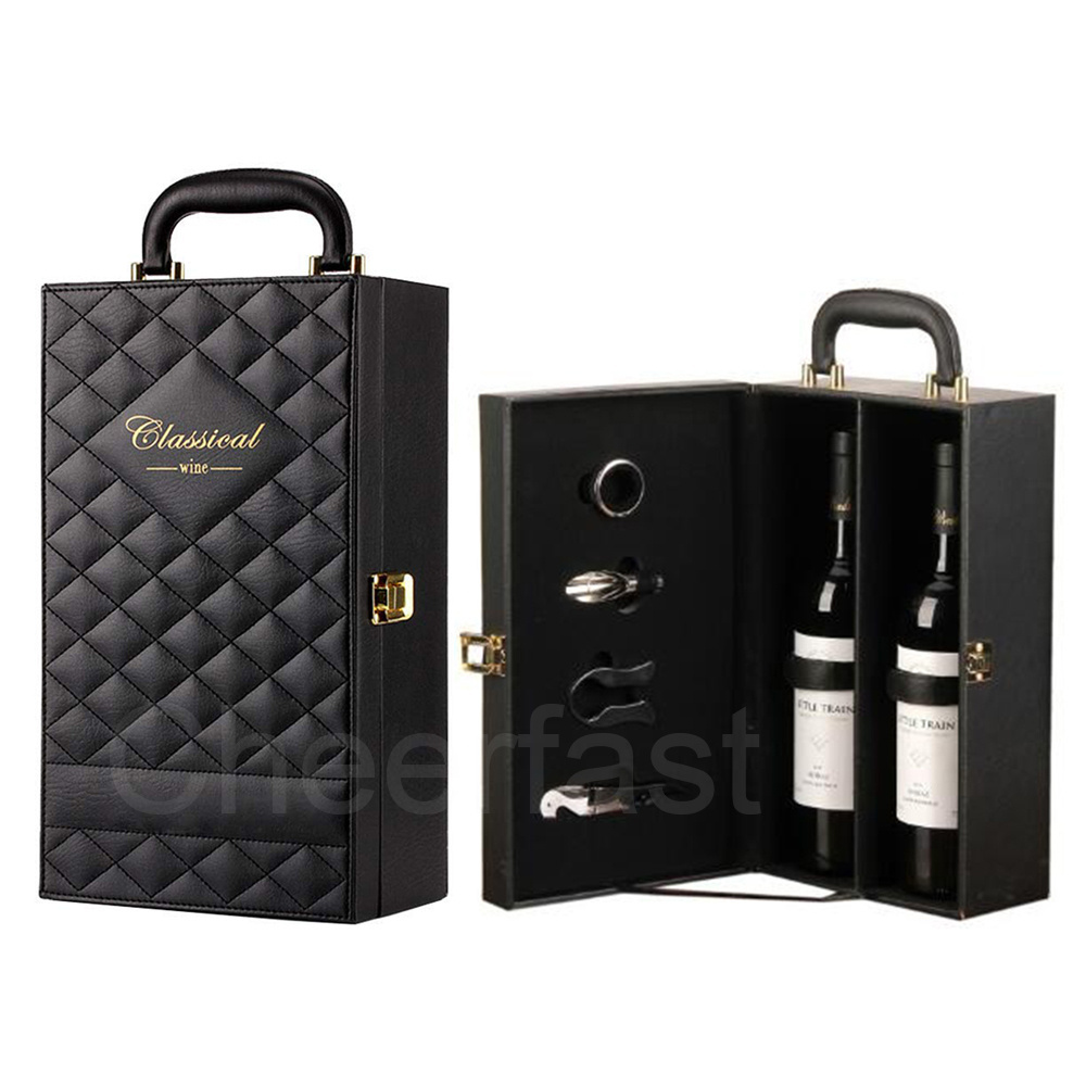 Custom Double Leatherette Wine Box 750ML  Bottle Box And PU Leather Wine Box With Vintage 4 Piece Wine Tools Kit