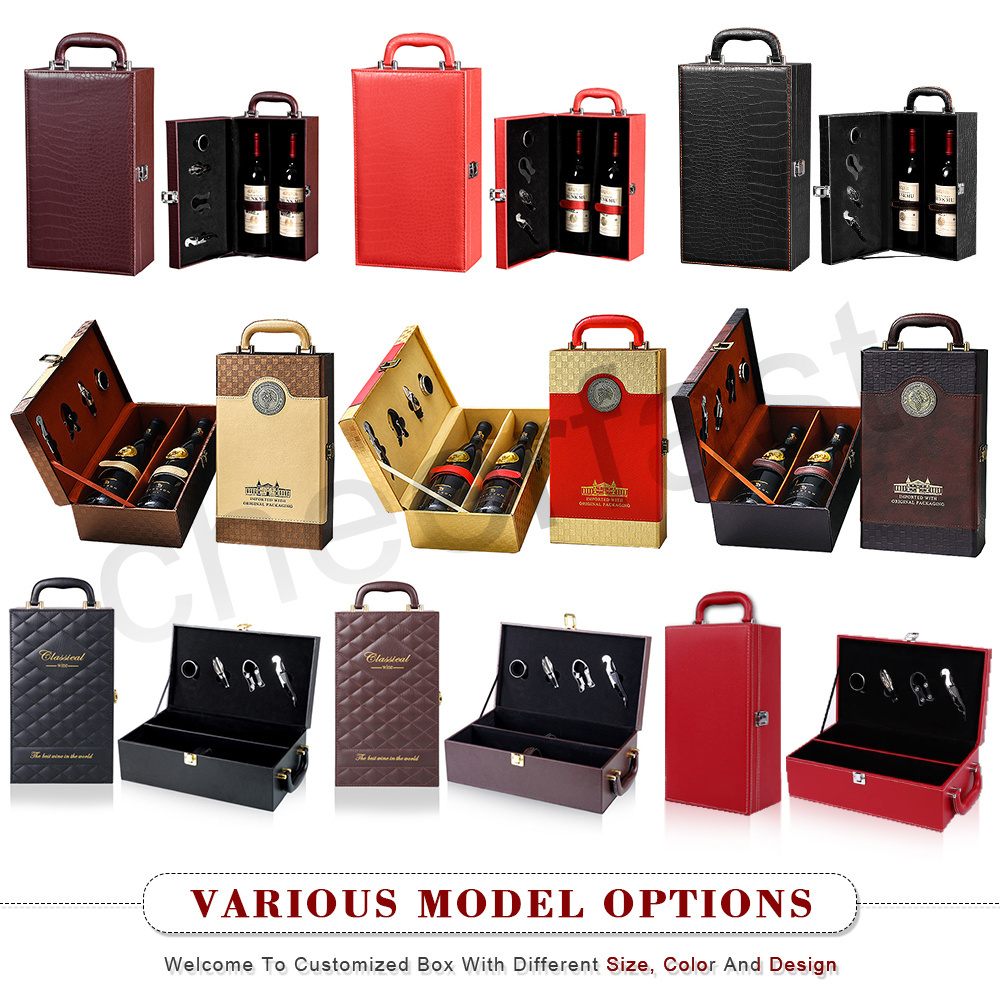 Custom Double Leatherette Wine Box 750ML  Bottle Box And PU Leather Wine Box With Vintage 4 Piece Wine Tools Kit