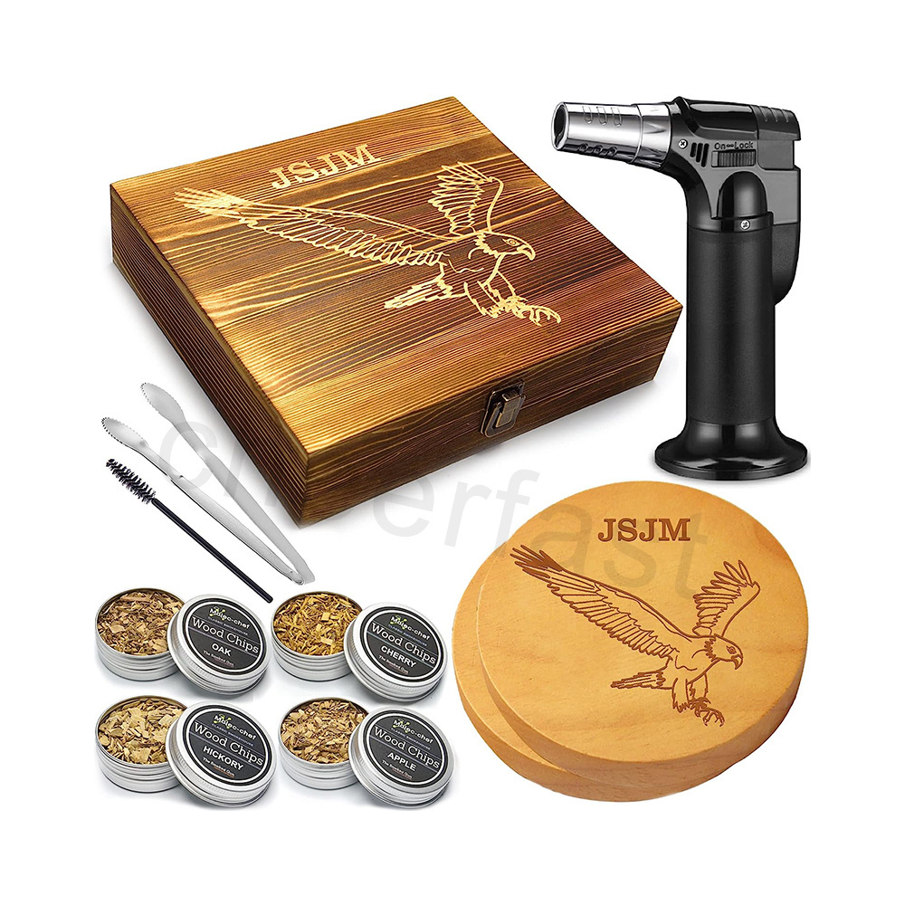 Most Popular Customized Bartender Kit Wooden Box Package Whiskey Smoker Gift Set Included a Torch Premium Cocktail Smoker Kit