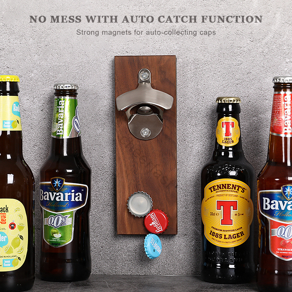 Cheerfast Customized Logo Automatic Beer Opener Various Models Wooden Cap Catcher Wall Mounted Fridge Magnetic Bottle Opener