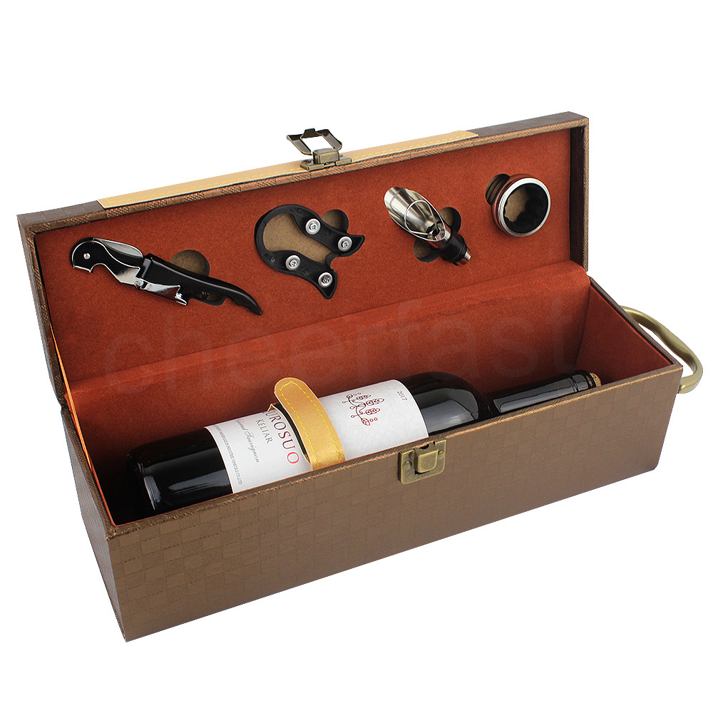 High Quality Bottle Gift Boxes For Liquor Portable 1 Bottle Wine Box With Handle Pu Leather Single Wine  Bottle Box