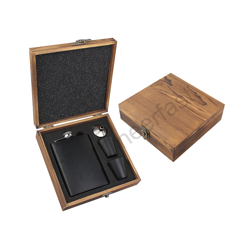 Retro 8oz Whiskey Liquor Hip Flask In Wooden Box Gift Set Men Leather Stainless steel Hip Flask And Funnel Hip Flask