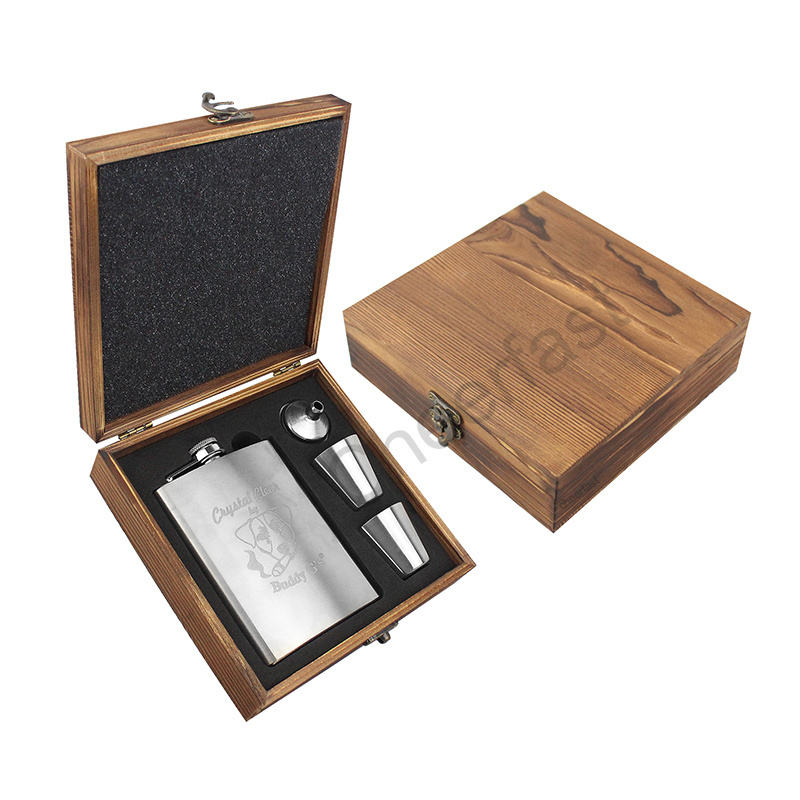 Retro 8oz Whiskey Liquor Hip Flask In Wooden Box Gift Set Men Leather Stainless steel Hip Flask And Funnel Hip Flask