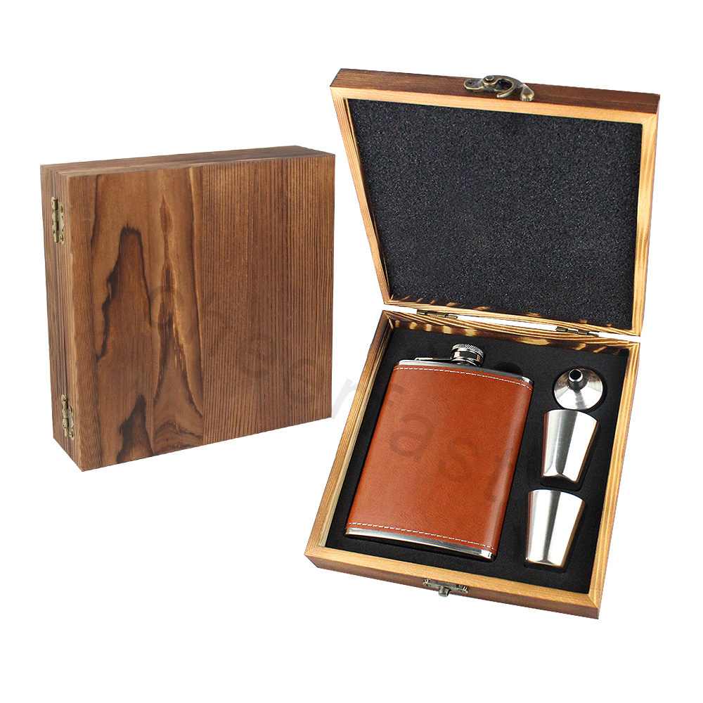 Retro 8oz Whiskey Liquor Hip Flask In Wooden Box Gift Set Men Leather Stainless steel Hip Flask And Funnel Hip Flask