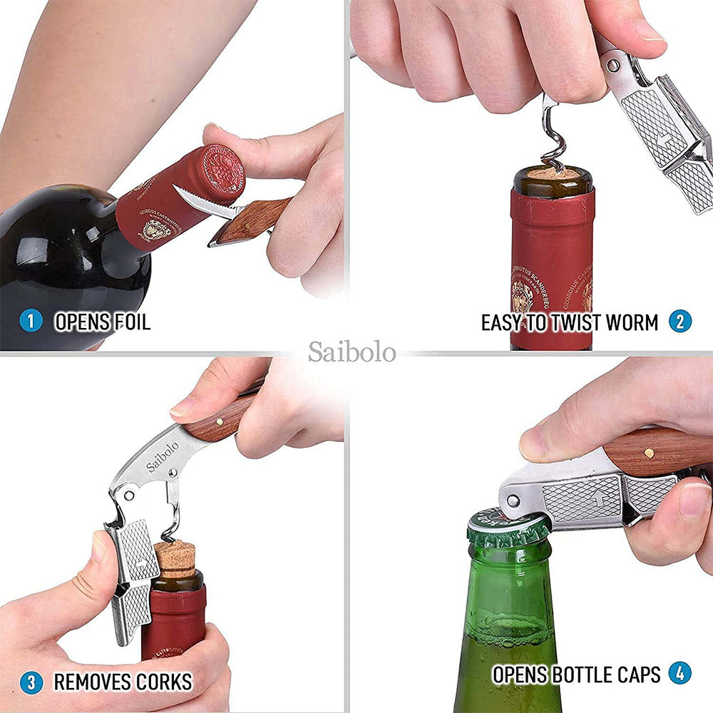 Most Popular Multifunction Stainless Steel Wine Wood Opener Cork Screw Tool Set Wooden Red Wine Bottle Corkscrew Openers