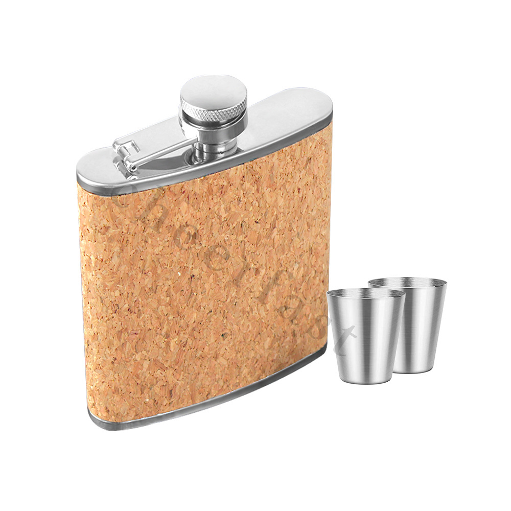 Customized Brand 6Oz Liquor Whiskey Container Cork Wooden Hip Flask Handmade Stainless Steel Alcohol Hip Flask Wood