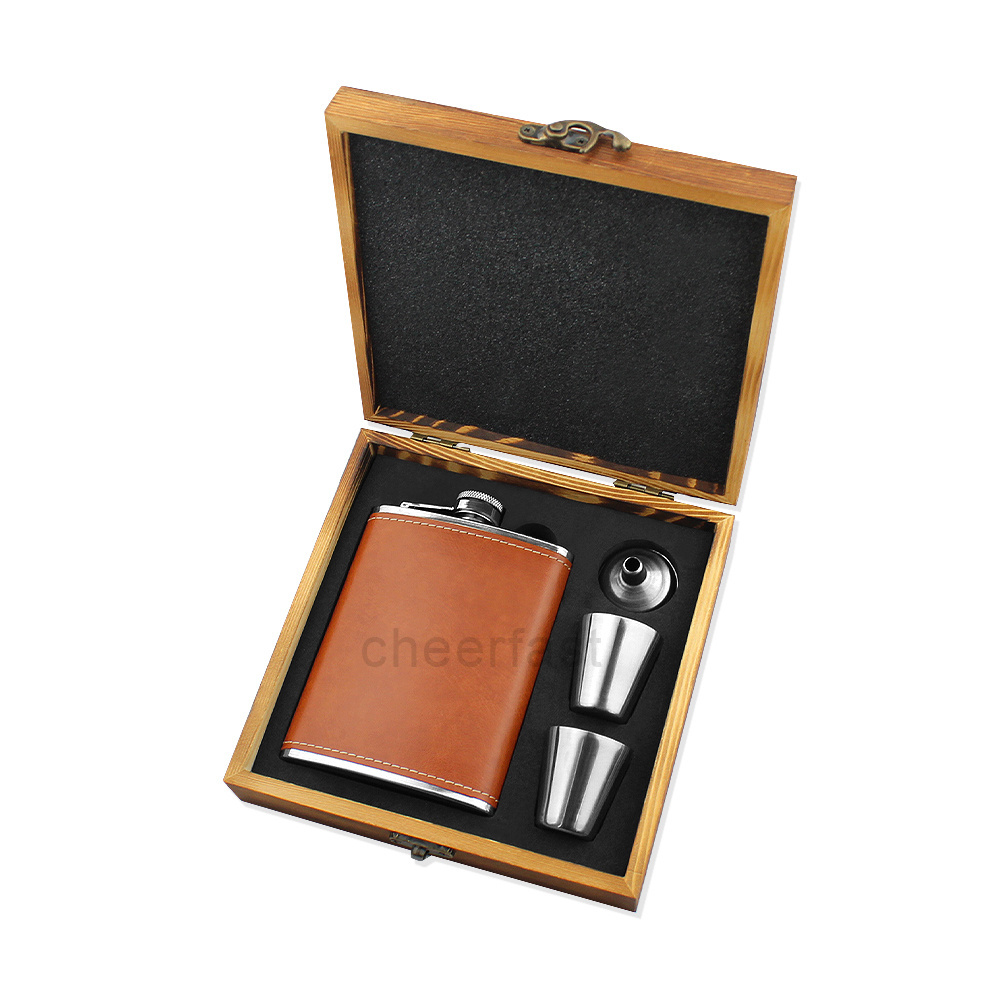 Cheerfast Hip flask stainless steel 8 oz Alcohol Hip flask wooden gift set Hip flask PU Leather cover