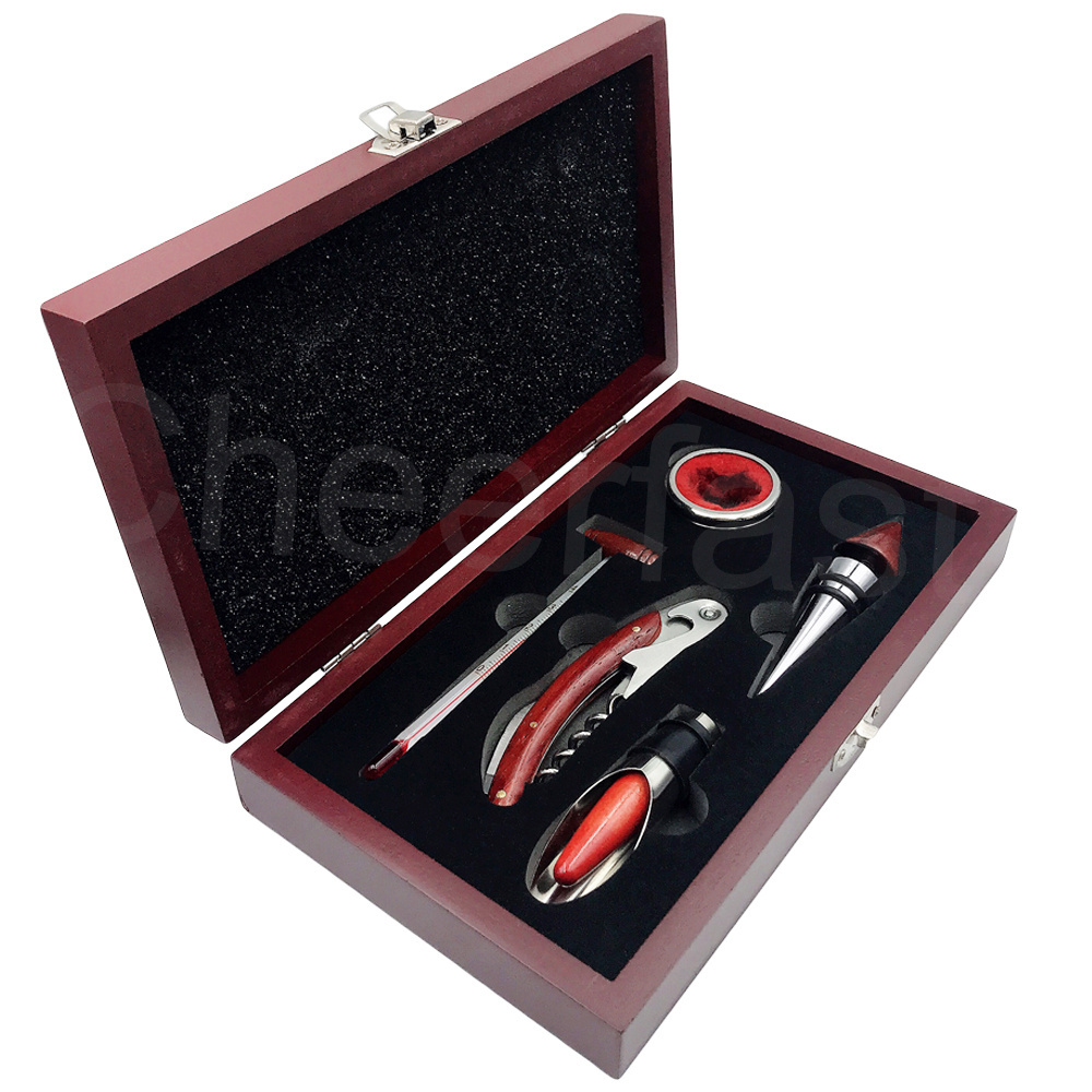 Free sample wood wine set gift and wooden bottle opener with wine ring and 5 pieces wine accessories in wooden box gift box