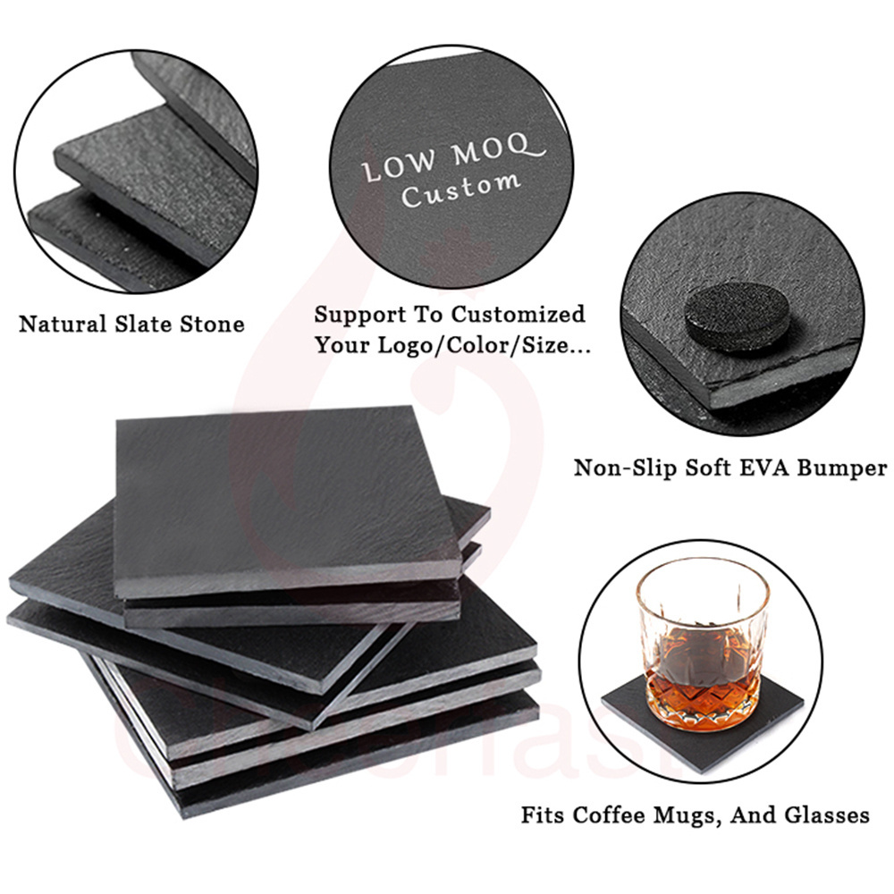 New Arrival Drink Coaster Set With Holder Square Slate Stone Coaster And Bar Kitchen Home Decor Custom Slate Coasters