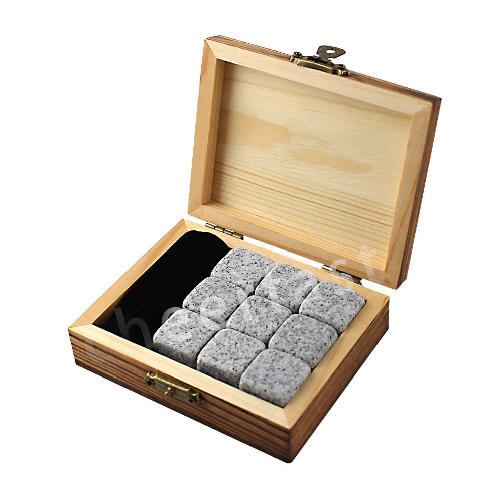 Well Made Granite Stones Whiskey Wooden Box Chilling 9 Ice Cube Gift Set Reusable Whiskey Chilling Stone