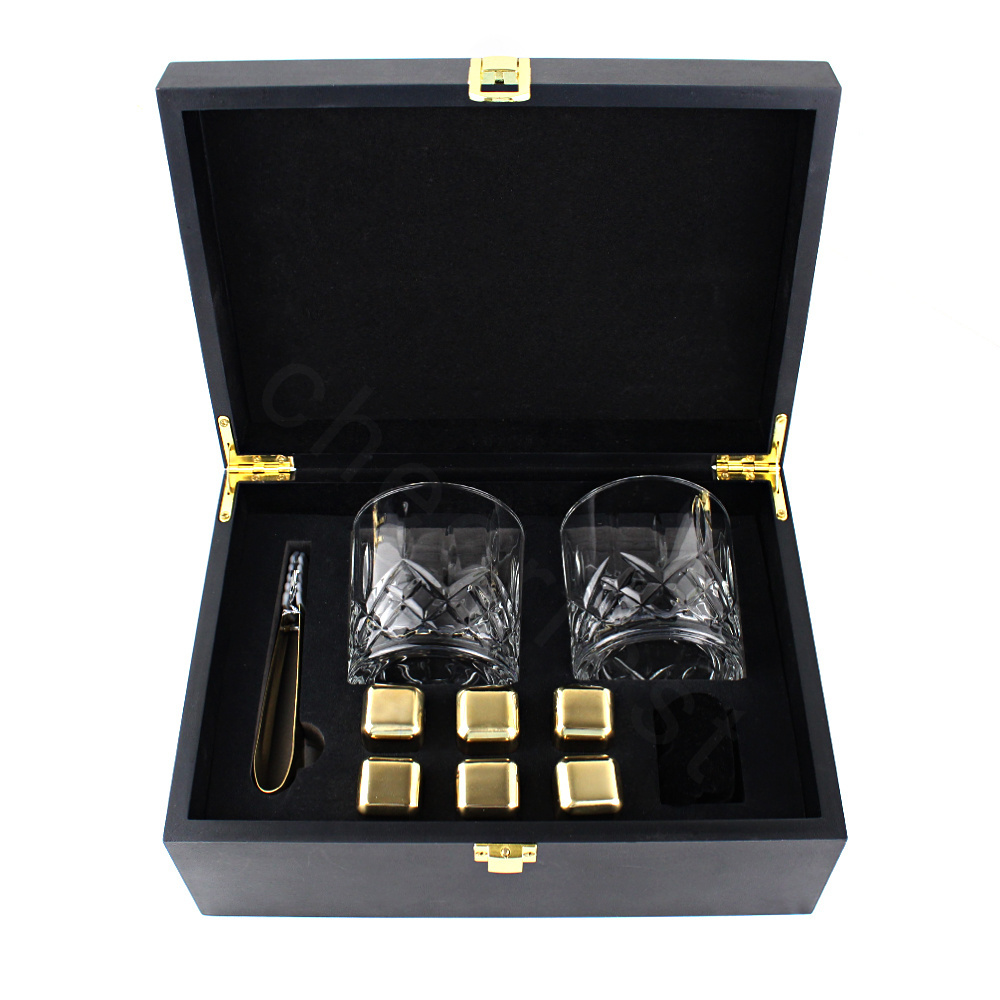 Well Made Good Sales Gold Color Stainless Steel Whiskey Ice Cube And Wooden Gift Box Packaging And Whiskey Glass